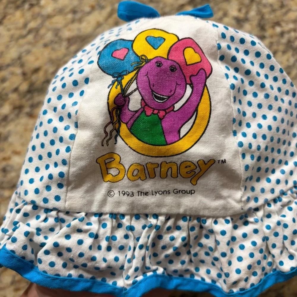 Vintage 1993 Barney the Dinosaur Sun Hat Kids Blue Polka Dot Cotton Bucket Hat